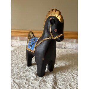 Handcrafted Wooden Horse Figurine With Gold Mane & Blue Saddle Accents Dala